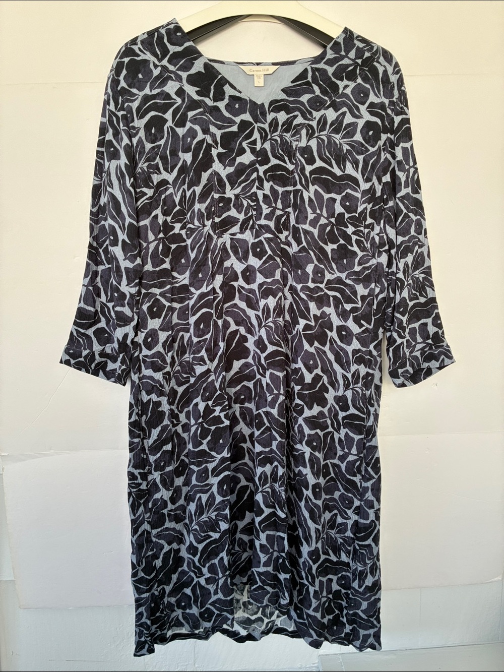 Garnet Hill Dress Womens Large Blue Floral V Neck 3/4 Sleeve Shift Dress Viscose